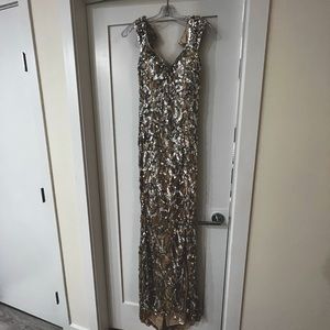 High quality sequence fitted gown. Light tan fabric adorned with silver sequence
